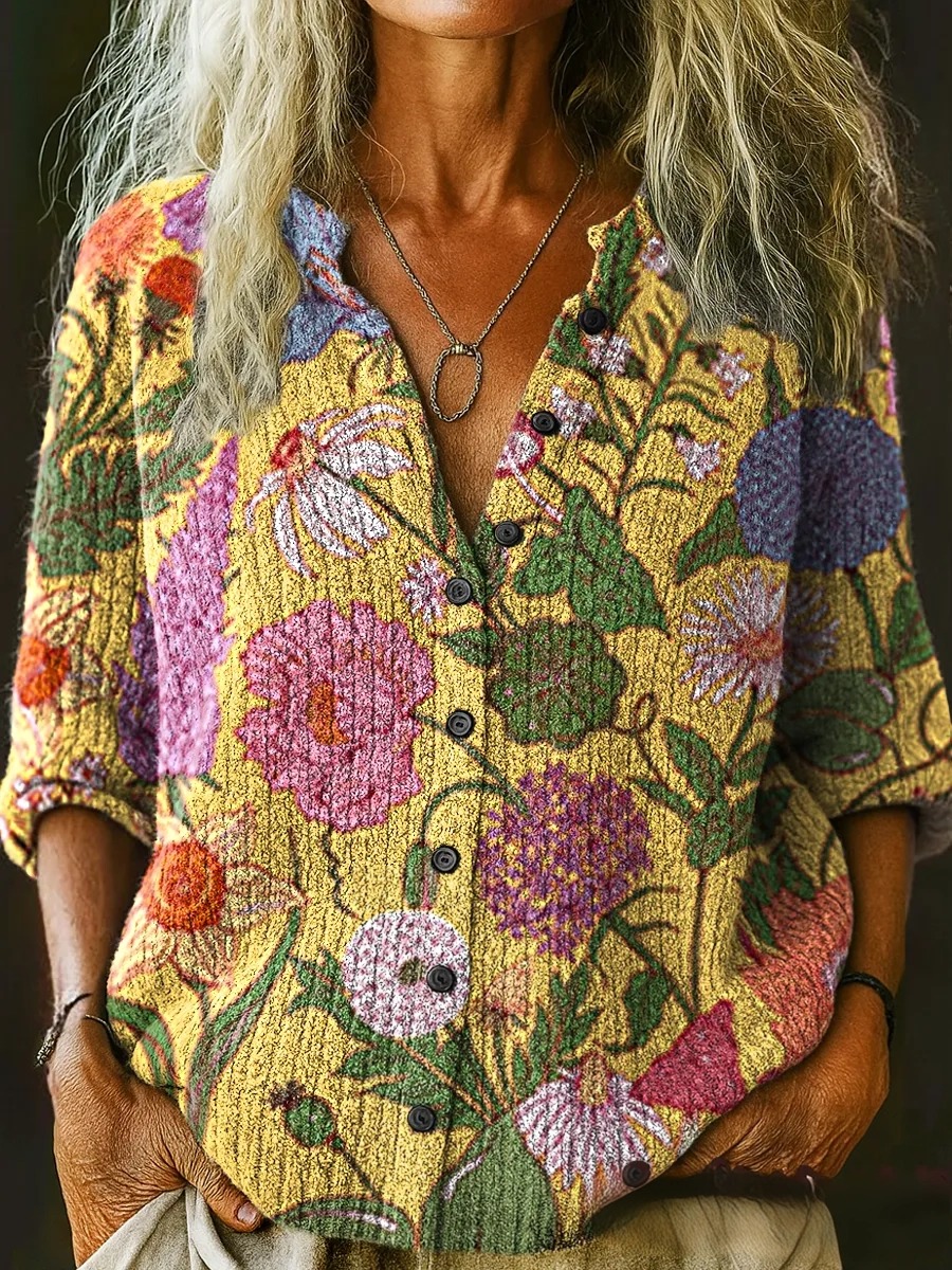 Women's Vintage Yellow Floral Print Button-Up Cardigan Sweater