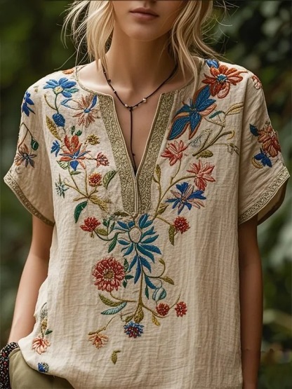 Women's Vintage Floral Print Casual Cotton Short-Sleeve V-Neck Shirt
