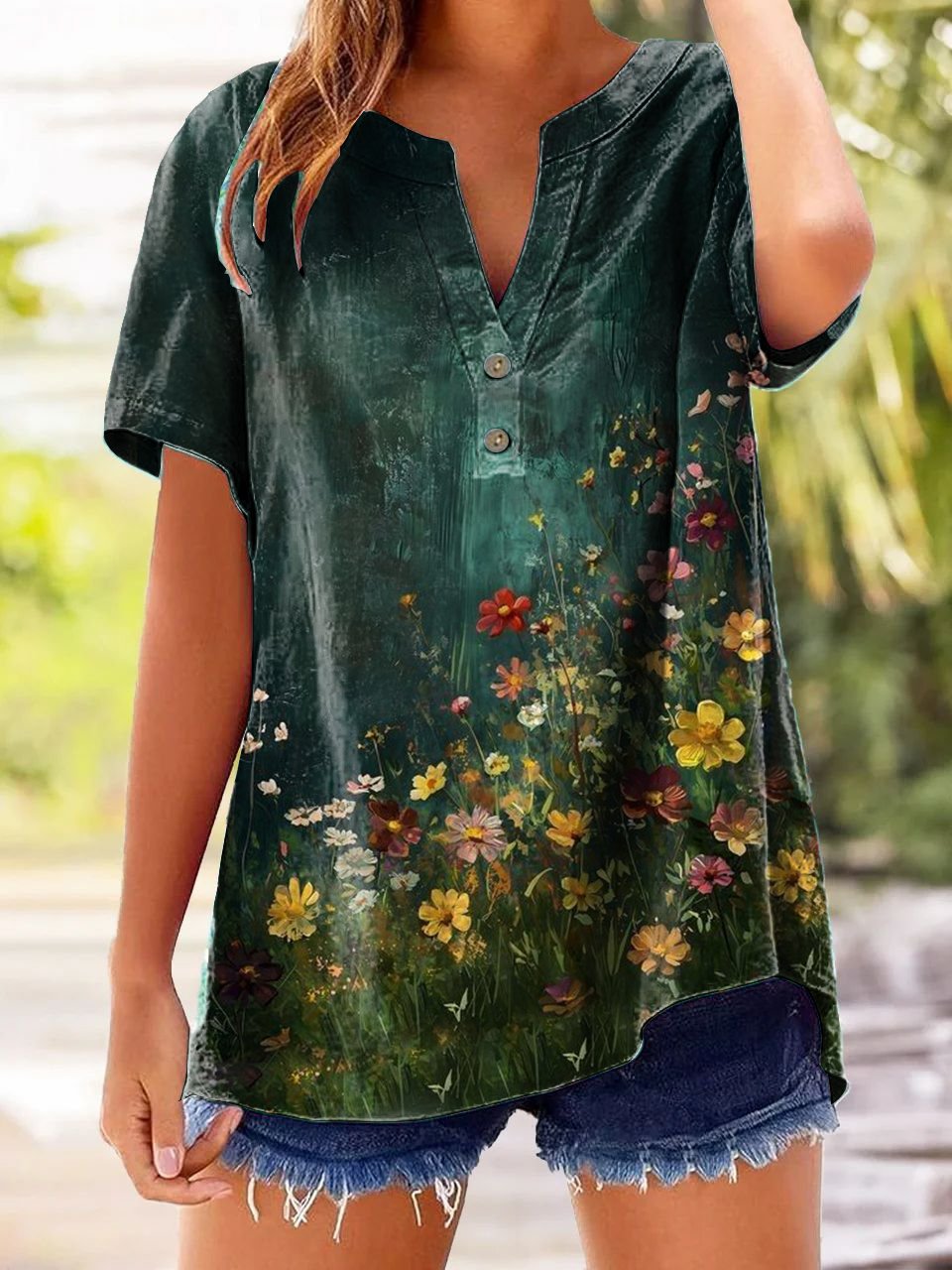 Women's casual retro forest plant floral cotton and linen shirt