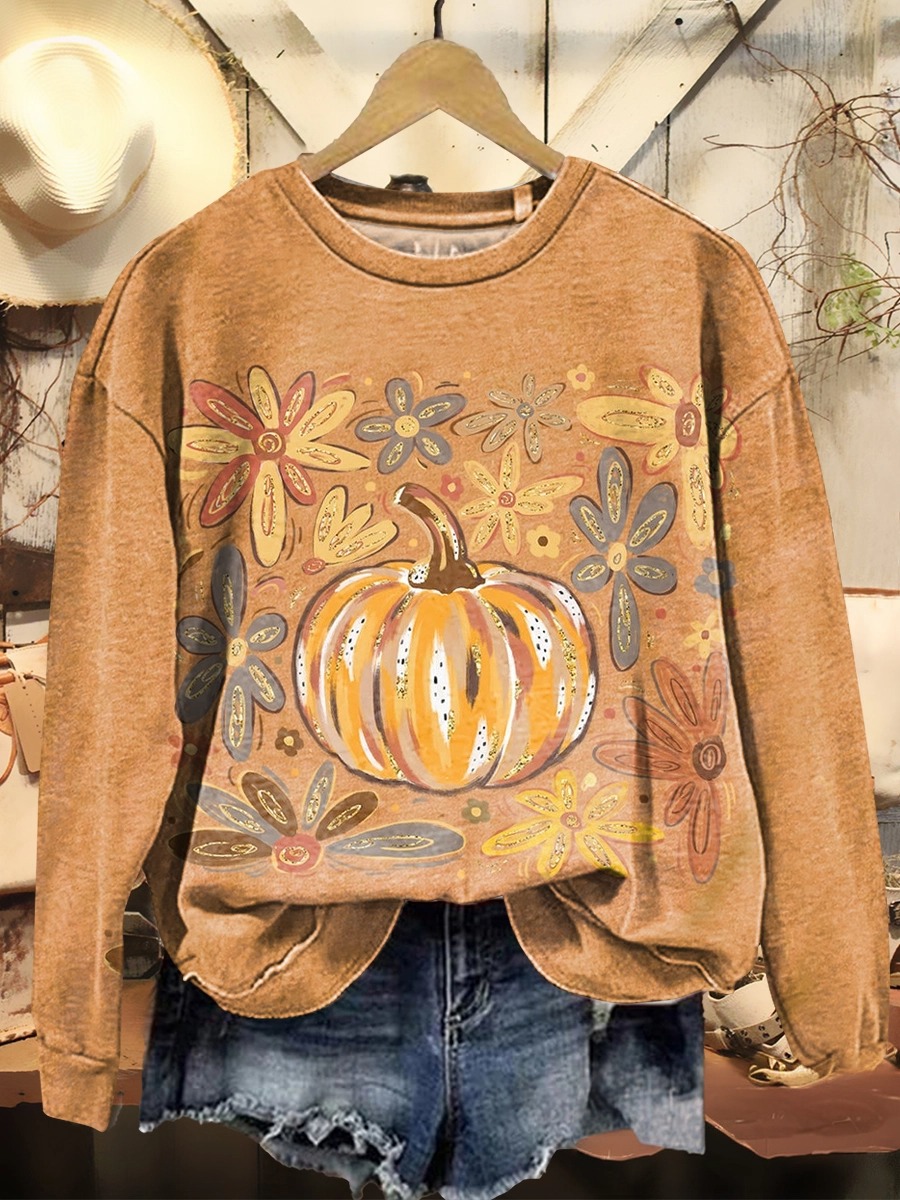 Women's Vintage Pumpkin Flowers Print Casual Crew Neck Sweatshirt