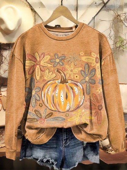Women's Vintage Pumpkin Flowers Print Casual Crew Neck Sweatshirt