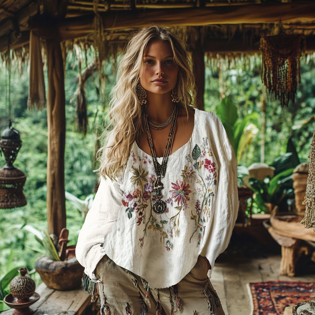 Retro Bohemian Floral Embroidery Art Graphics Cotton And Linen Blend L