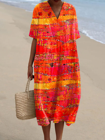 Women's Vintage Art Print Casual Cotton And Linen 3/4 Sleeve Shirt