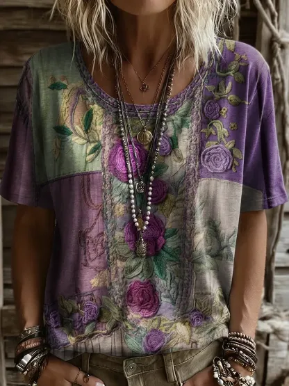 Ethnicity Flowers Patchwork Purple Women And Men's Vintage Art Print Casual T-shirt