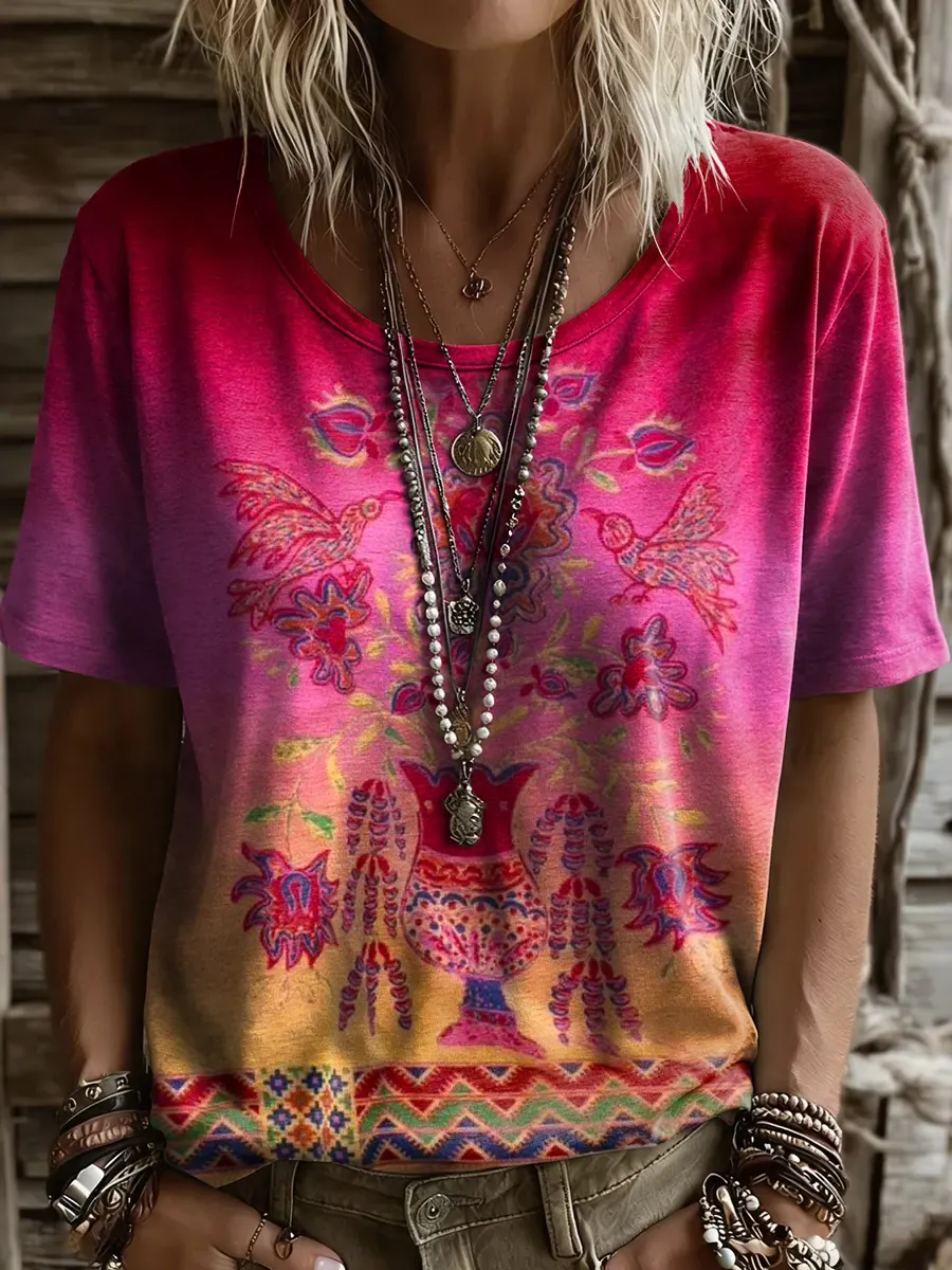 Women's Ethnic-Style Floral Art Print Casual Short-Sleeve Crew Neck Pure Cotton T-Shirt