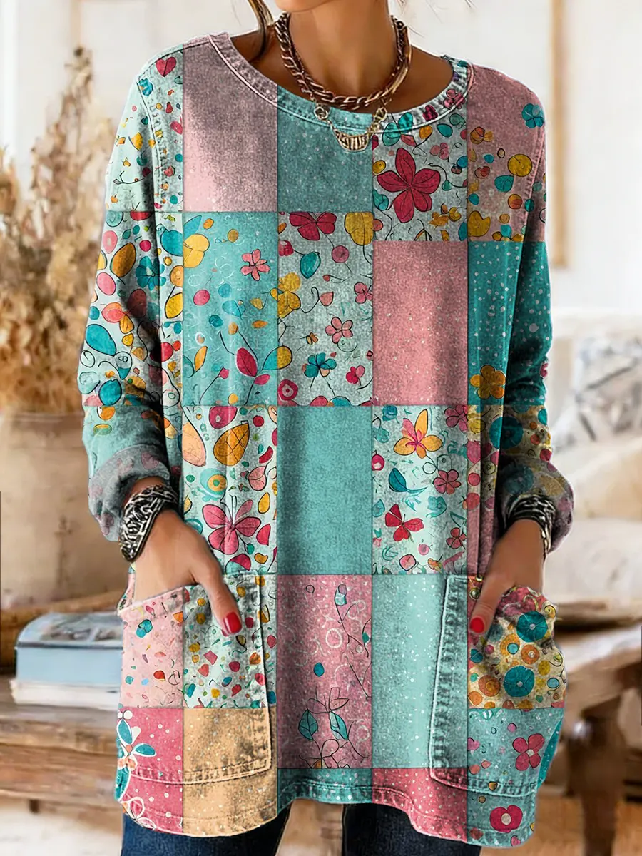 Women's Colorful Vintage Patchwork Floral Art Print Casual Washed Denim Cotton Top