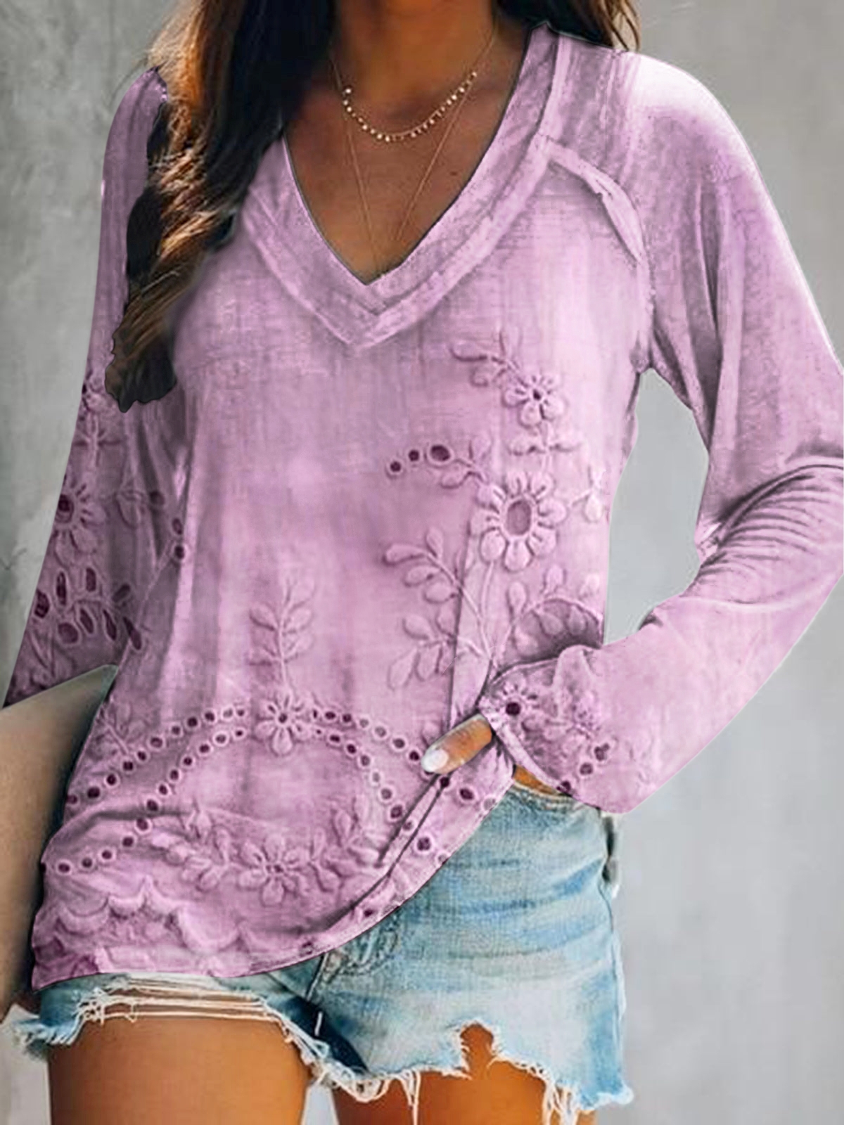 Women's Vintage Floral Texture Art Print V Neck Long Sleeve Tops