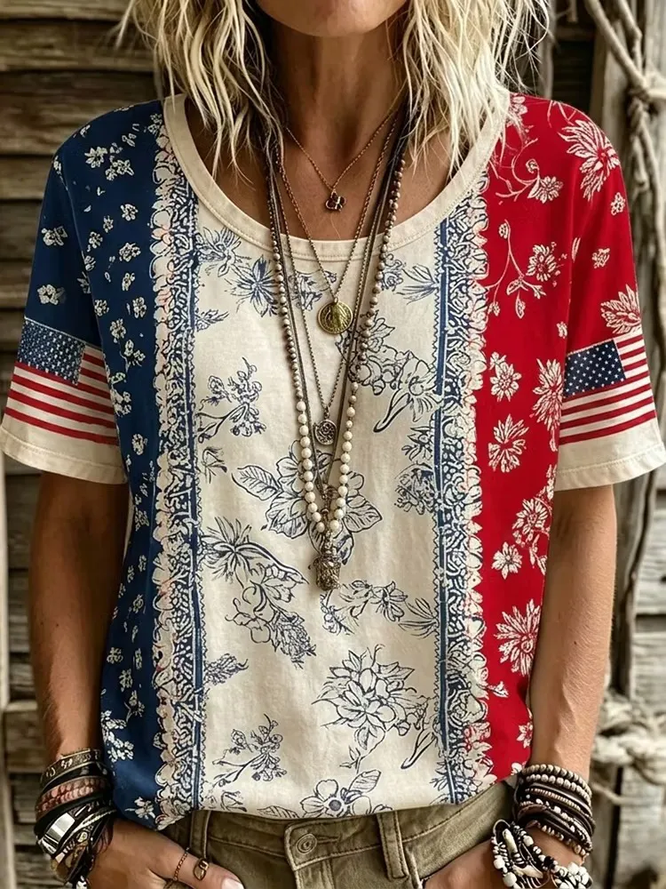 Women's Retro Flag Floral Art Print Casual Short-sleeve Crew Neck T-shirt