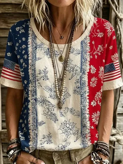 Women's Retro Flag Floral Art Print Casual Short-sleeve Crew Neck T-shirt