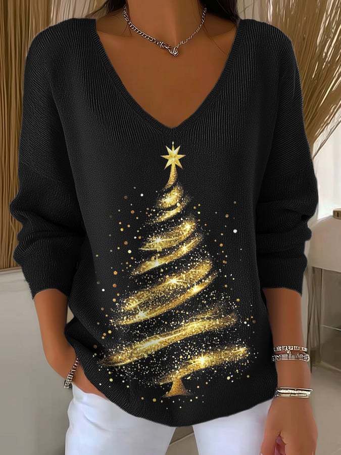 V-Neck Retro Christmas Golden Christmas Tree Print Knitwear Tops
