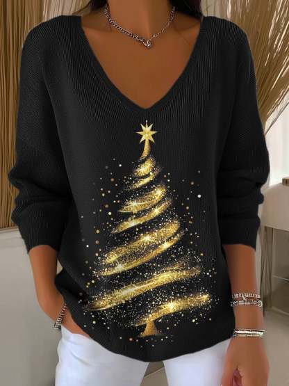 V-Neck Retro Christmas Golden Christmas Tree Print Knitwear Tops