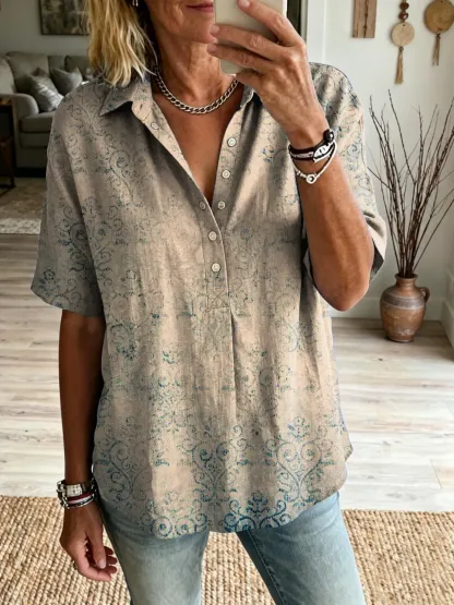 Women's Retro Art Print Short-Sleeve Henley Shirt with Lapel Collar