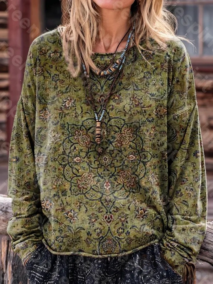 Retro Ethnic Green Floral Art Print Casual Long Sleeve T-Shirt