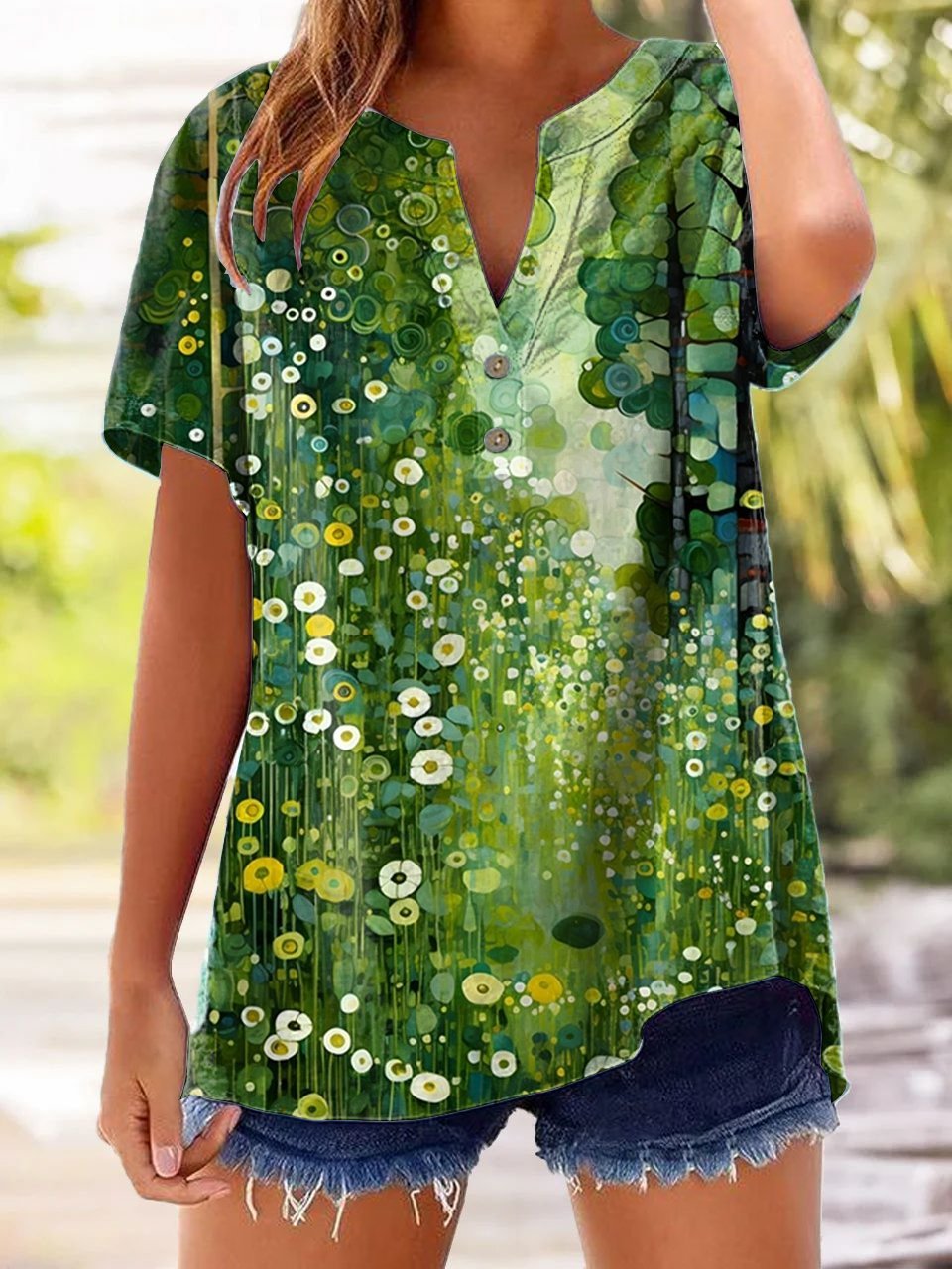 Women's Casual Vintage Floral Print Button Cotton and Linen Shirt