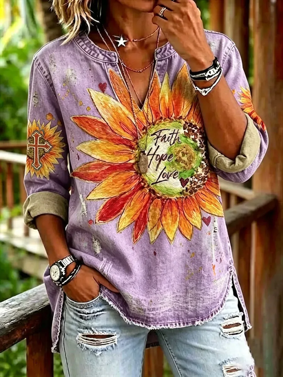 Women'S Casual Floral Faith Print Top