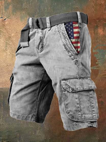 Men's Vintage Flag Independence Day Multi-Pocket Print Cargo Shorts (Belt Not Included)