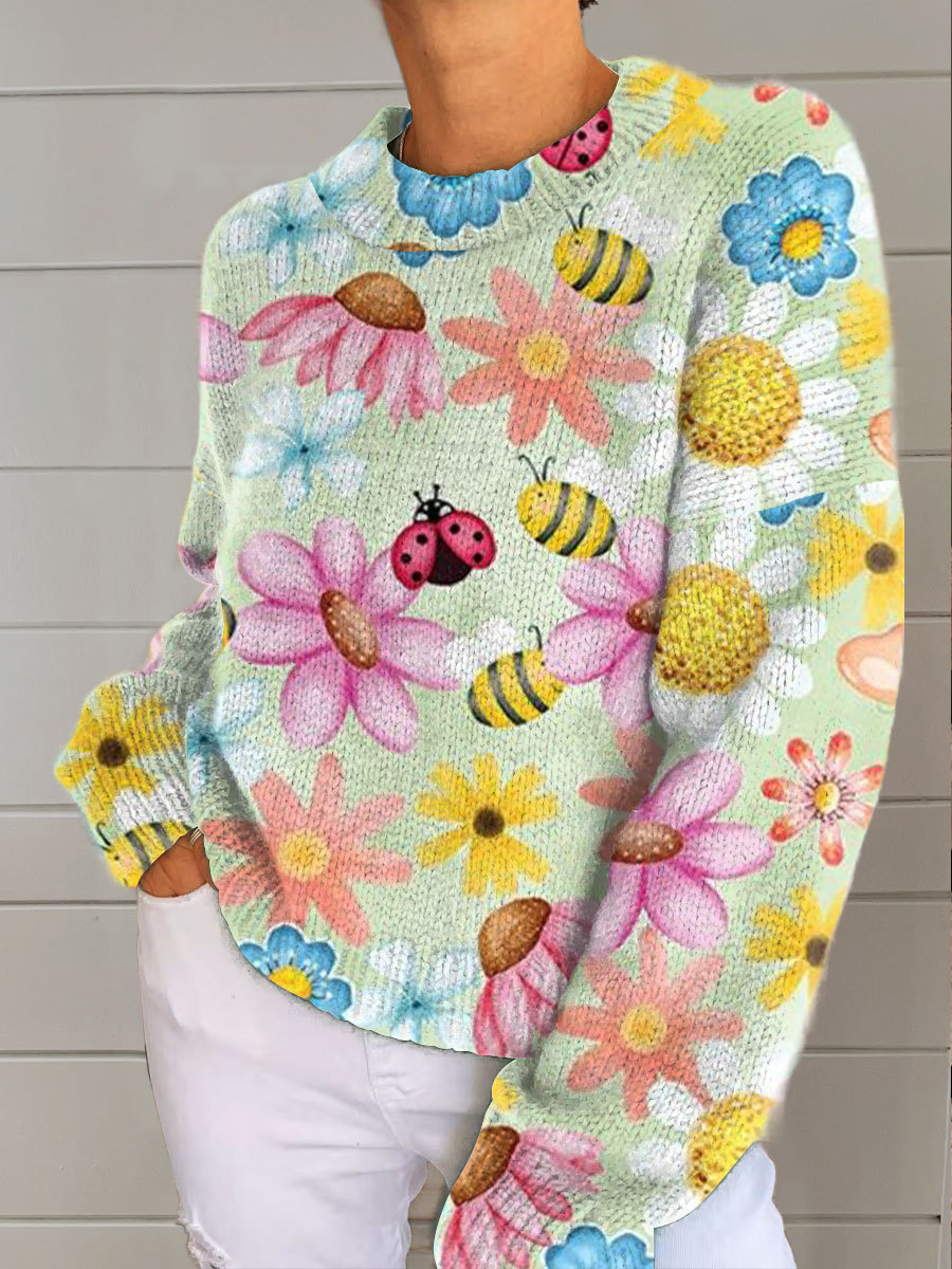 Women's Vintage Flower Insect Art Print Casual Pullover Sweater
