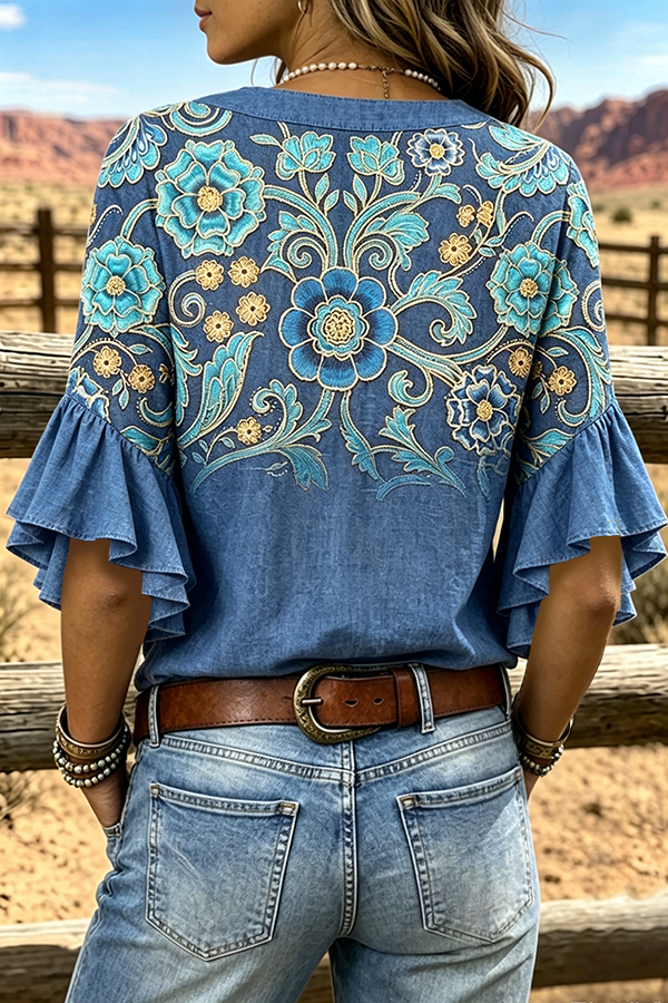 Vintage Floral Print Notch Neck Ruffle Sleeve Blouse