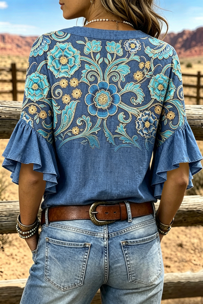 Vintage Floral Print Notch Neck Ruffle Sleeve Blouse