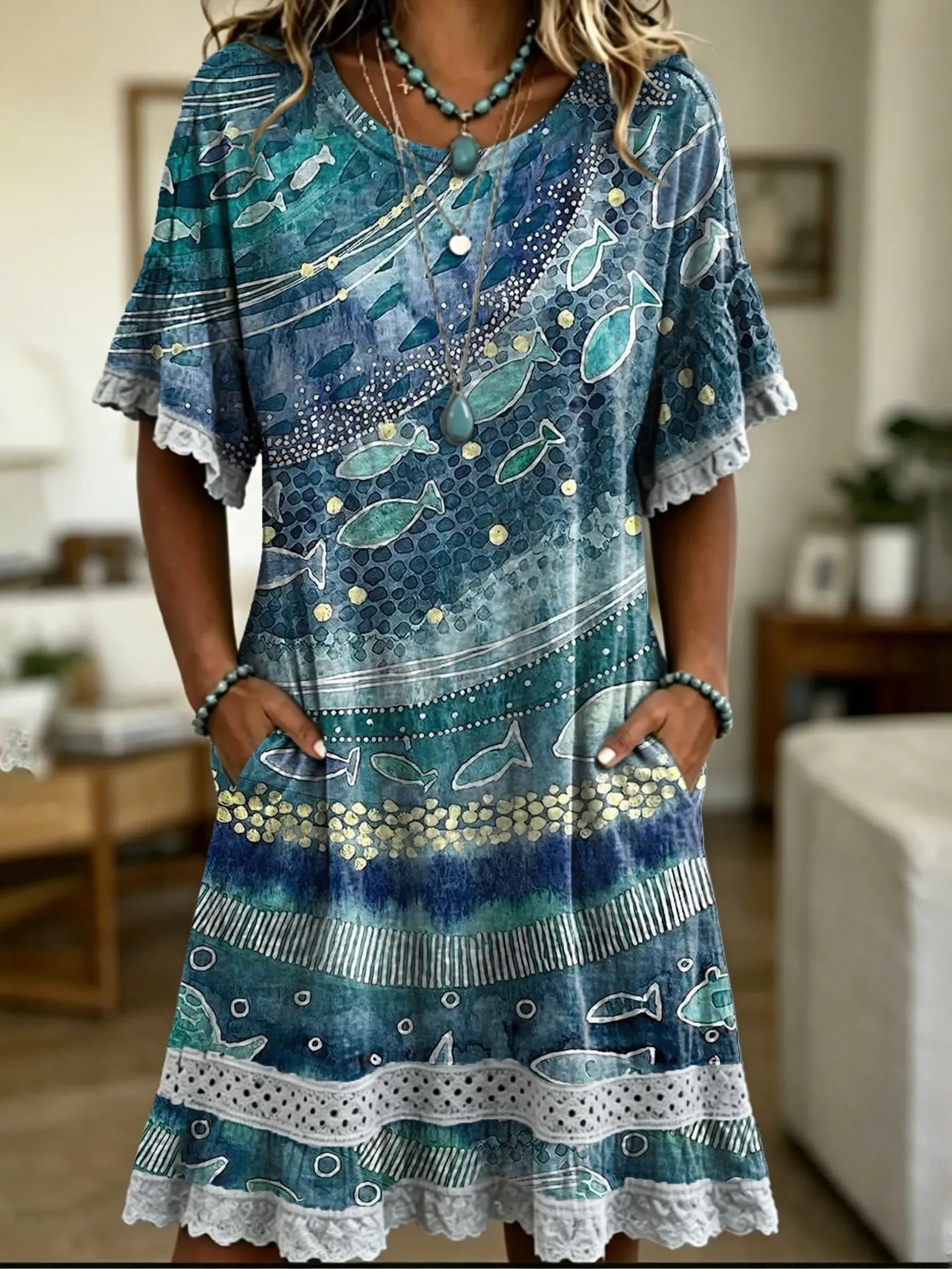 Women's Tie-dye Lace Dress With Artistic Print And Small Fish Motif