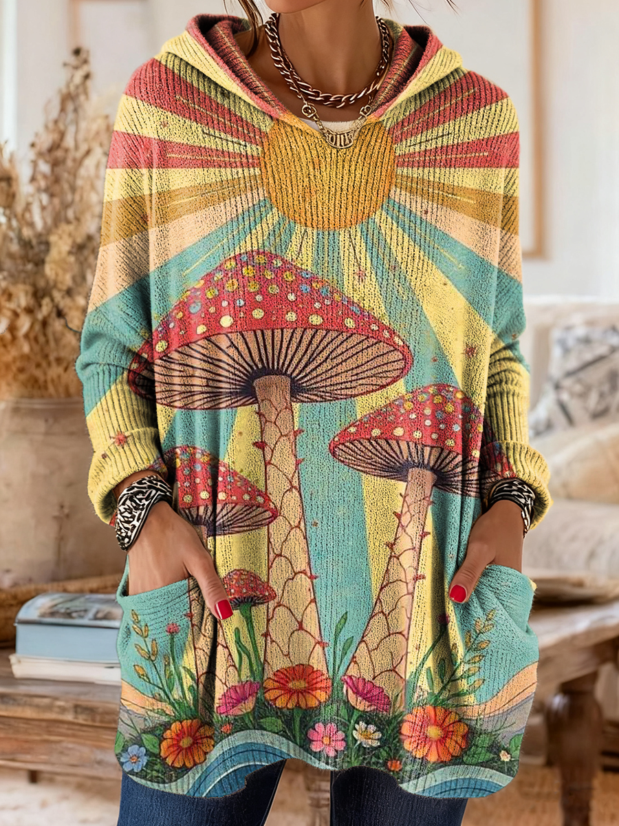 Women's Vintage Sun And Mushroom Art Print Casual Long-sleeved Hooded Cotton Knit Sweater