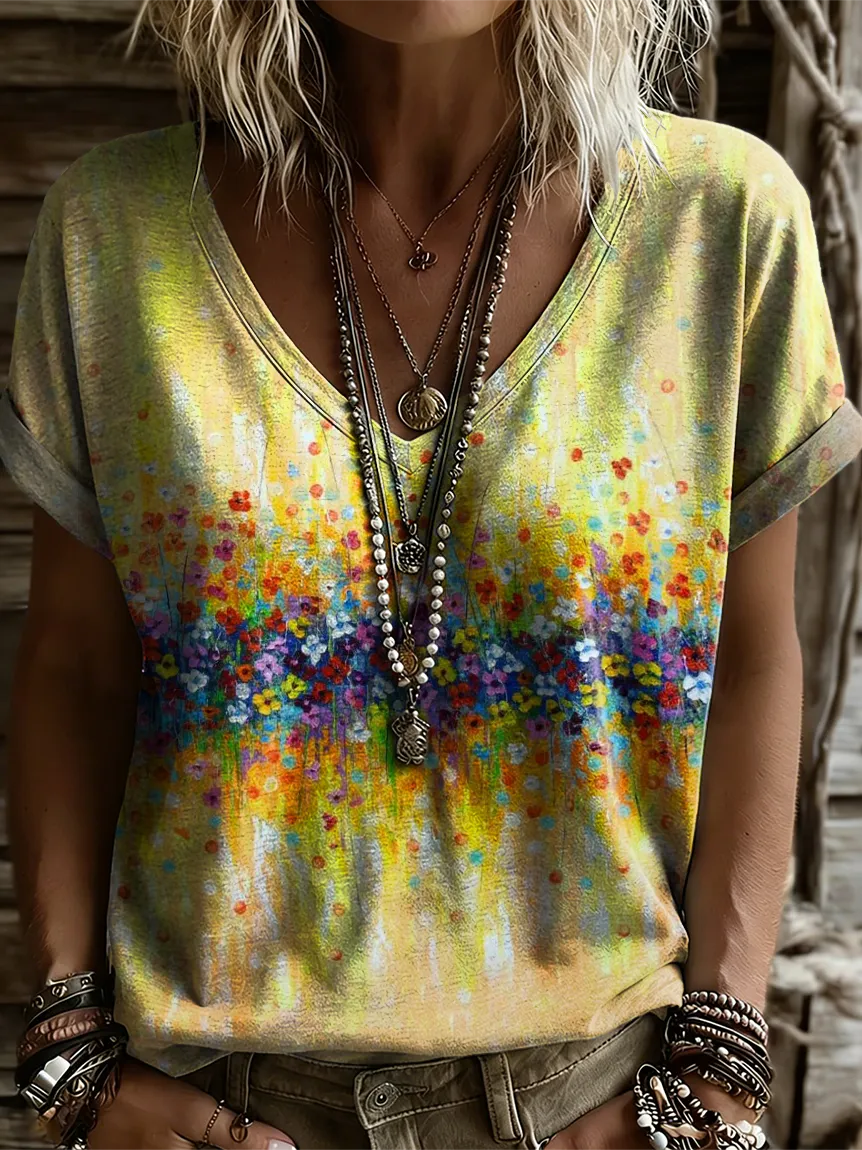 Women's Retro Floral Art Print Casual Short-sleeve V-neck T-shirt