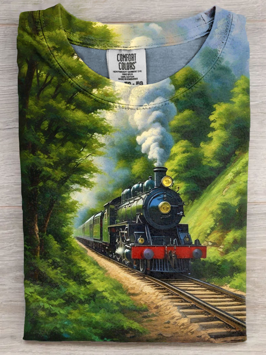 Spring Vintage Train Art Print Casaul Short Sleeve T-shirt