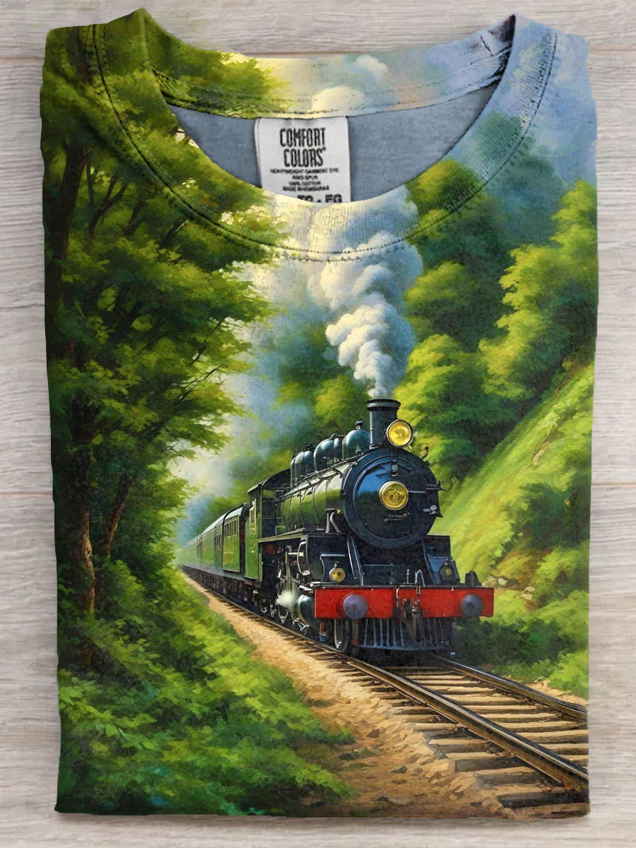 Spring Vintage Train Art Print Casaul Short Sleeve T-shirt