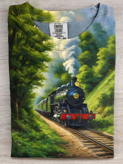 Spring Vintage Train Art Print Casaul Short Sleeve T-shirt