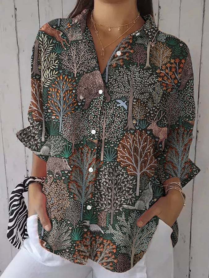 Women's Retro Protect Forest Animals Print Casual Shirt
