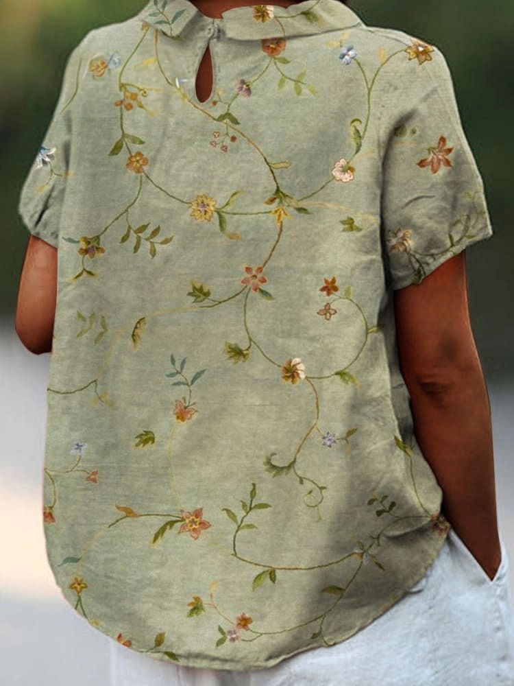 Women's Retro Floral Art Print Casual Cotton And Linen Shirt