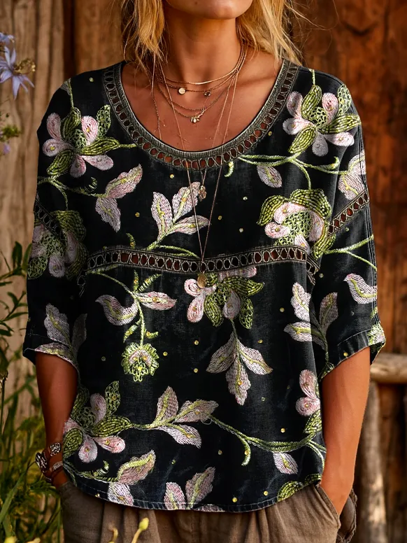 Womens Vintage Ethnic Black Floral Art Prints Casual Round Neck Cutout