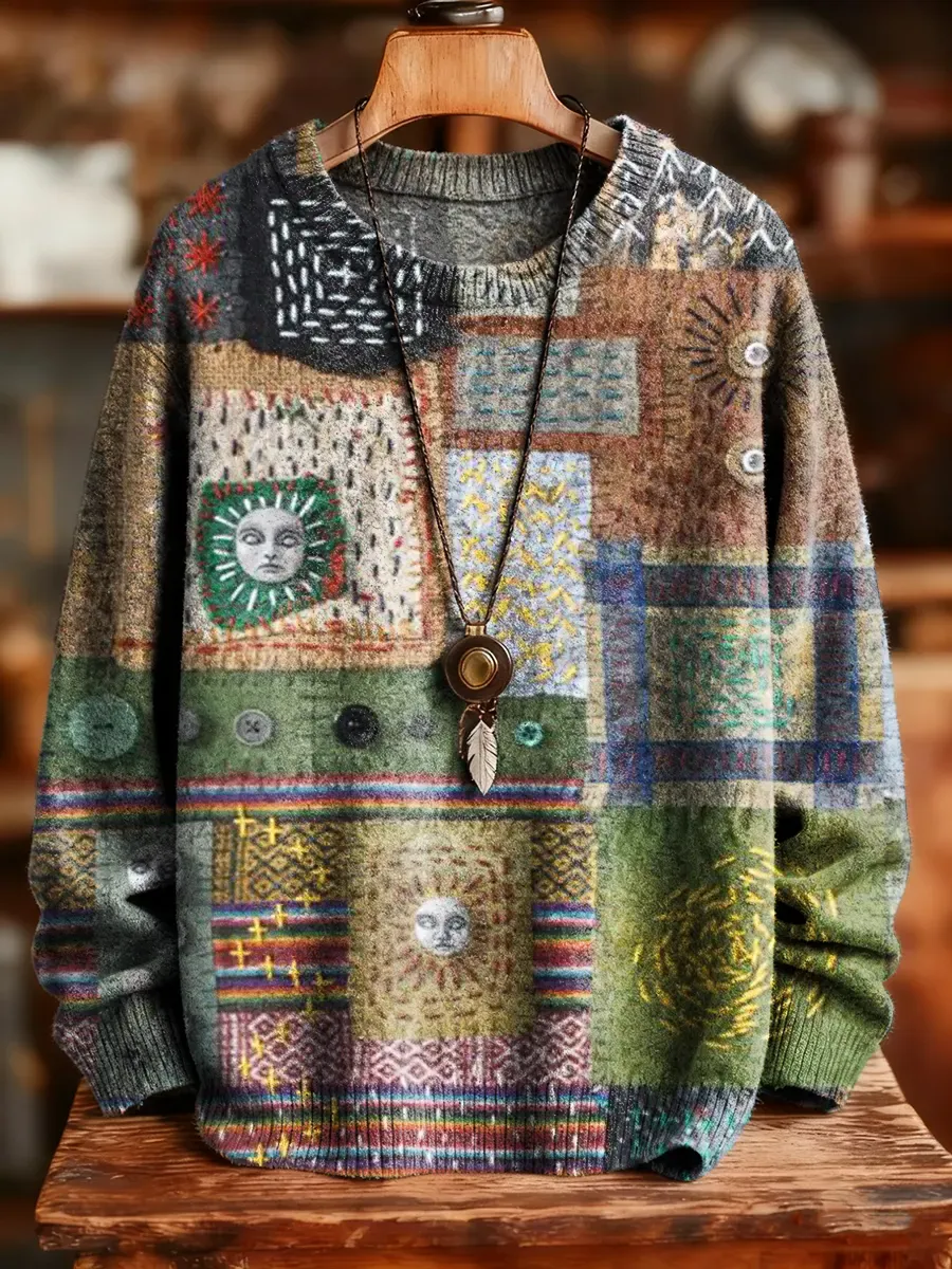 Unisex Retro Hippie Patchwork Art Print Crew Neck Knit Sweater