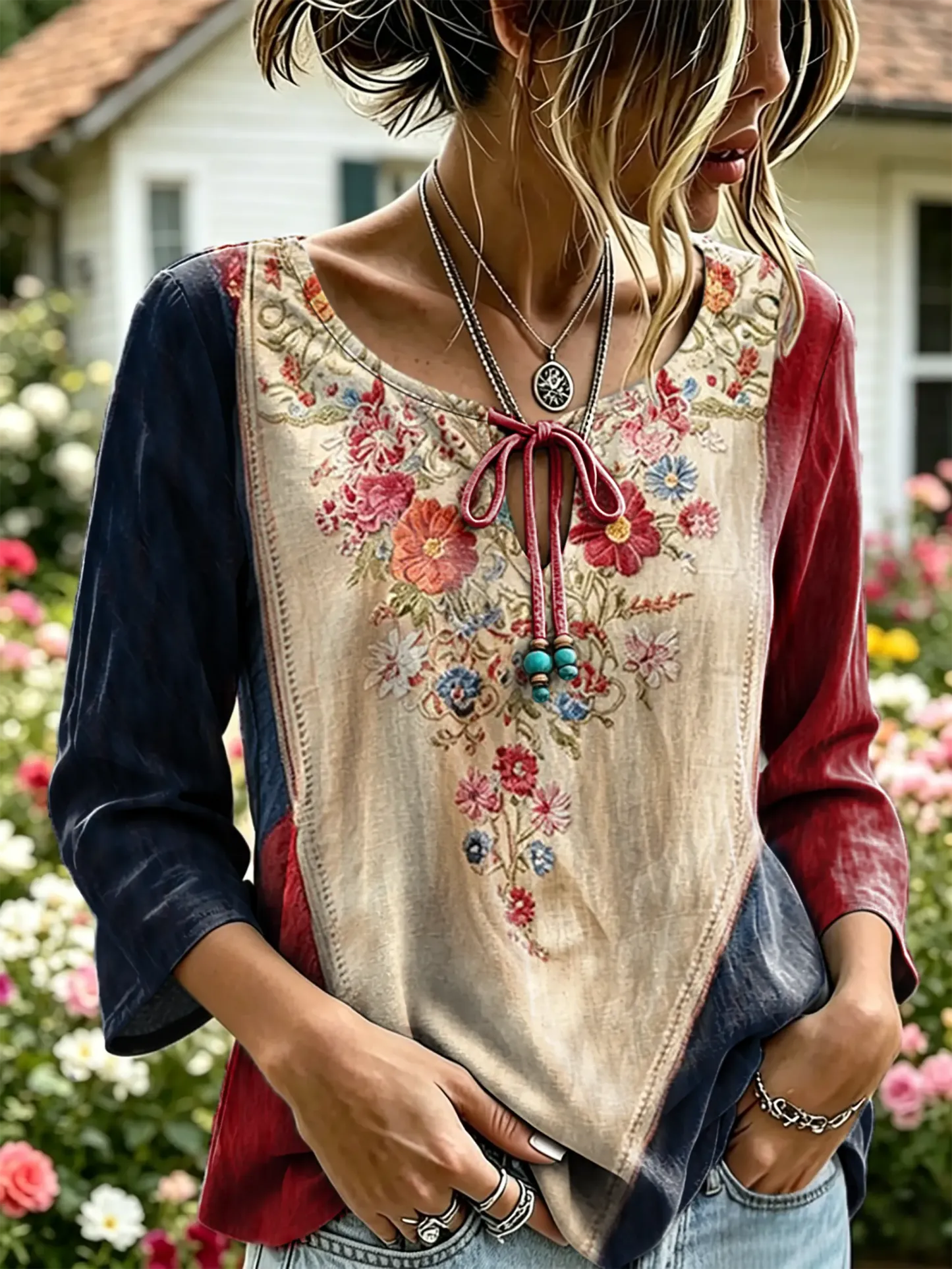 Women's Vintage Boho Floral Print Tie V-Neck Top