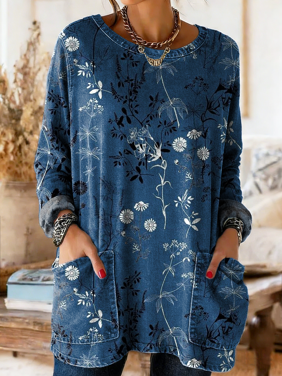 Womens Vintage Ethnic Blue Floral Art Print Casual Round Neck Pocket Denim Shirt