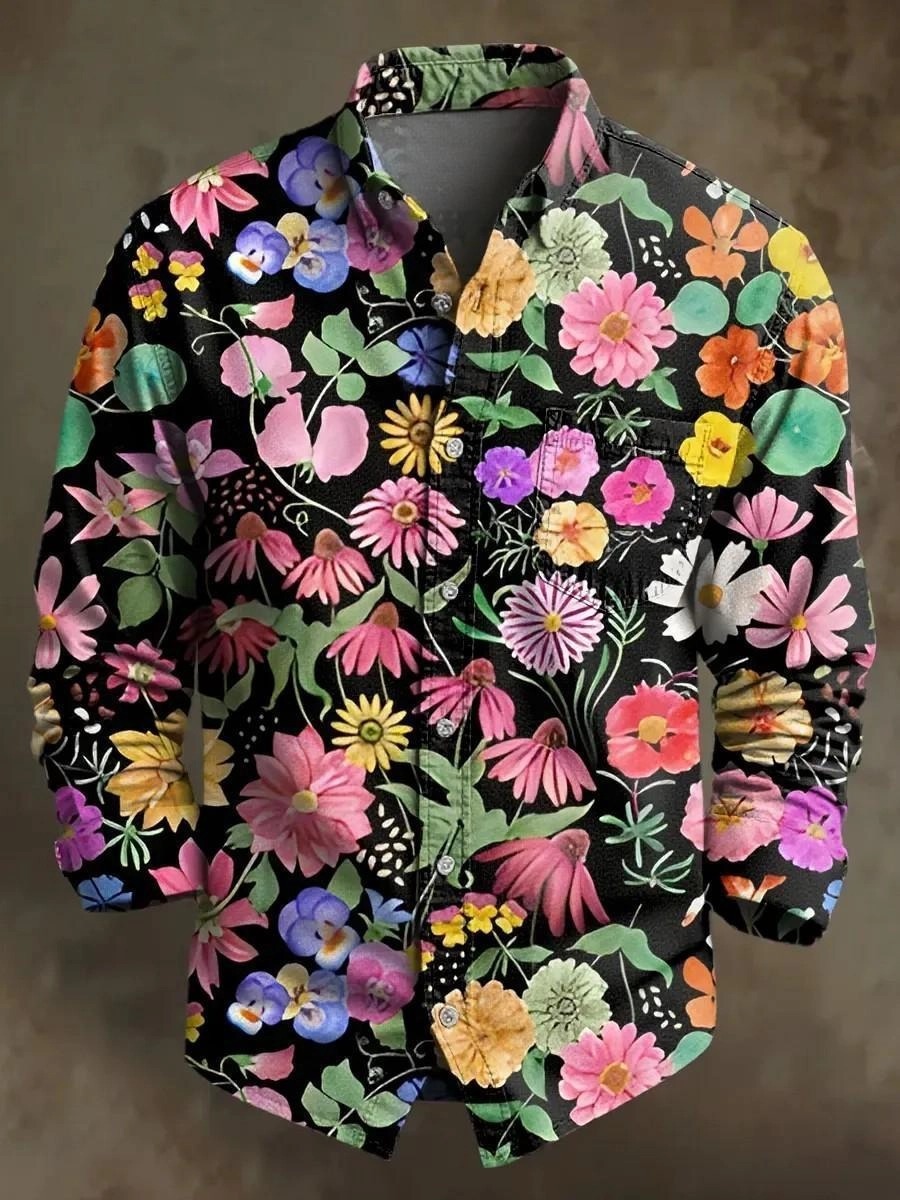 Retro Leisure Multicolor Flowers Art Print 100% Cotton Long Sleeve Shi