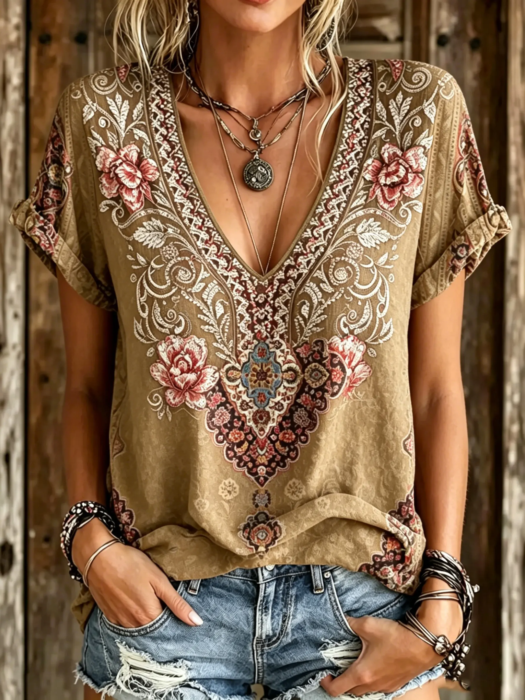 Women's Boho Paisley & Rose Print V-Neck Blouse