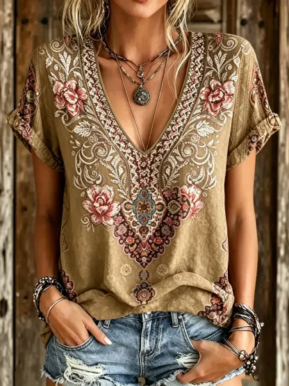 Women's Boho Paisley & Rose Print V-Neck Blouse