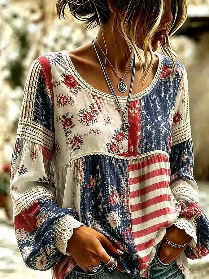 Women's American Flag Floral Lace Trim Long Sleeve Top