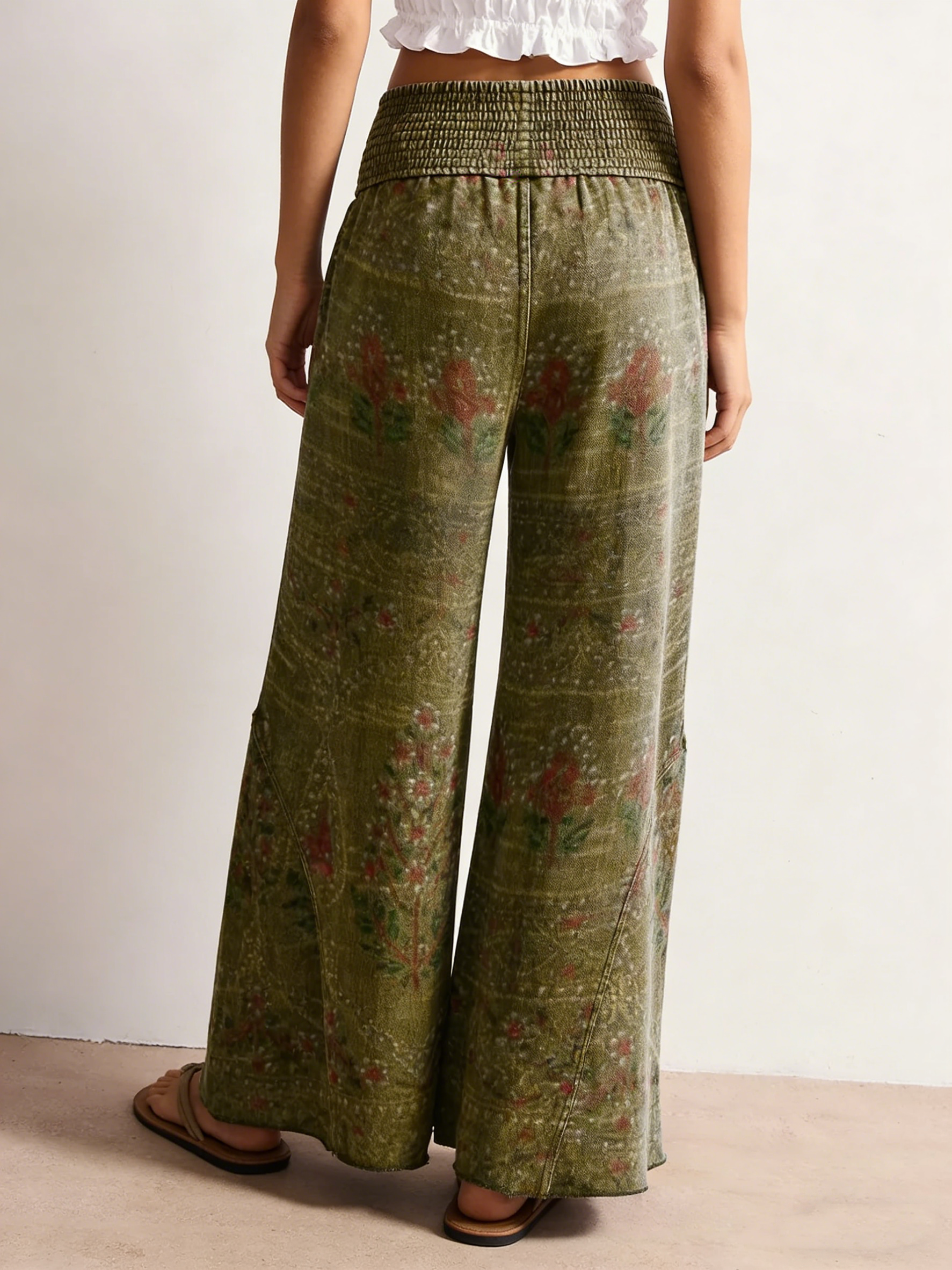 Women's Retro Floral Art Print Elastic Wide-Leg Pants