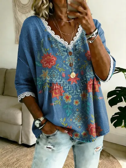 Ethnicity Bohemia Geometry Flowers Women's Vintage Art Print Casual V Neck Cotton Denim Top With Lace Trim