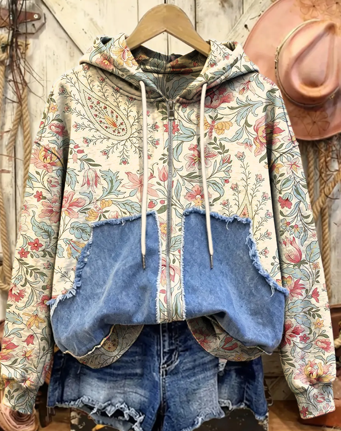 Women's Vintage Ethnic Paisley Floral Art Printed Casual Hooded Cowboy Patchwork Pockets Sweatshirt Jacket