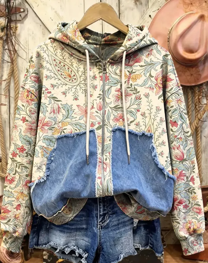 Women's Vintage Ethnic Paisley Floral Art Printed Casual Hooded Cowboy