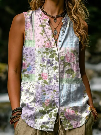 Women's Vintage Collage Floral Art Print Casual Sleeveless Shirt Vest