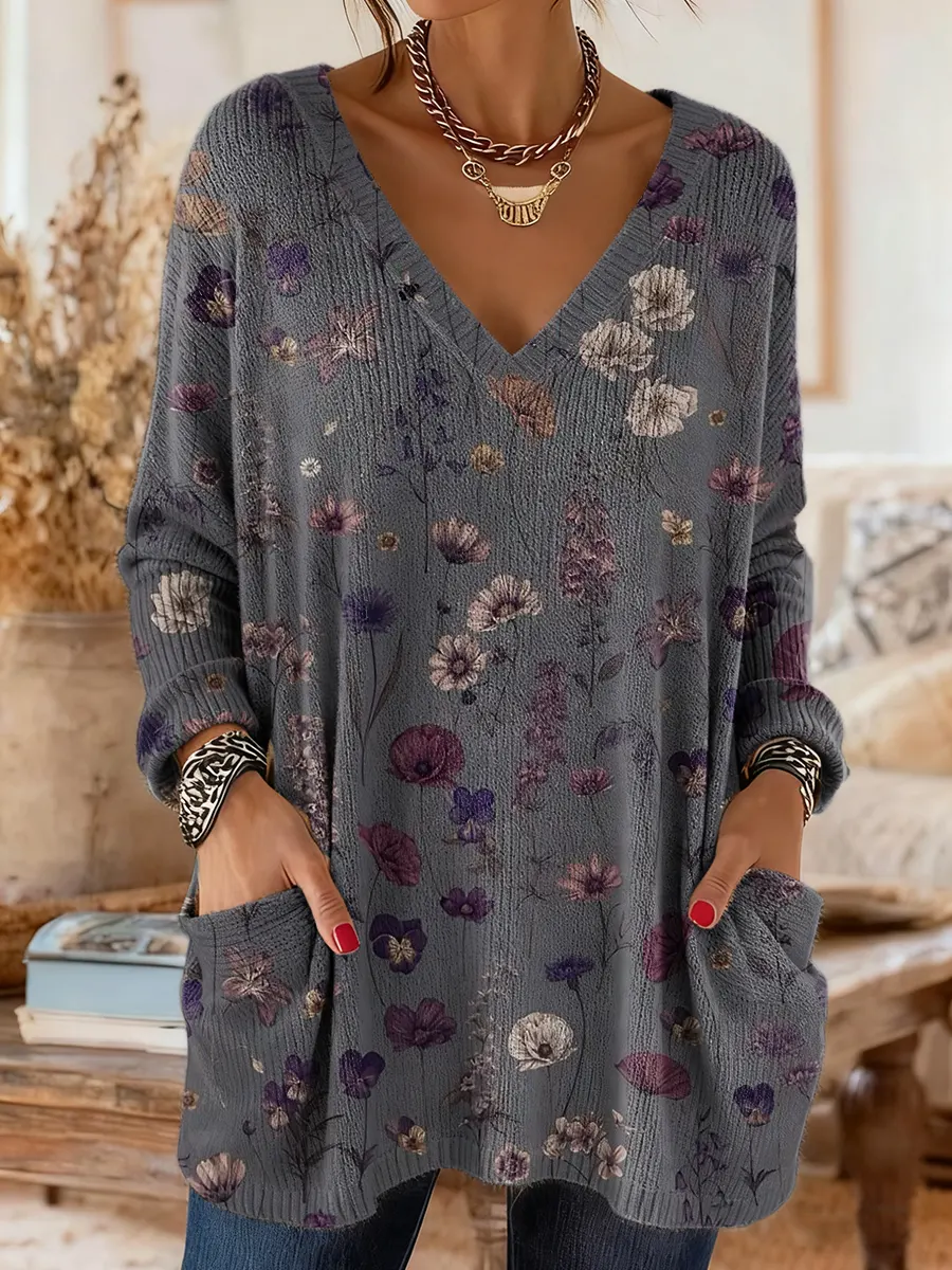 Vintage National Flower Purple Women's Print Casual V-neck Long Sleeve Sweater