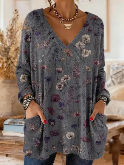 Vintage National Flower Purple Women's Print Casual V-neck Long Sleeve Sweater