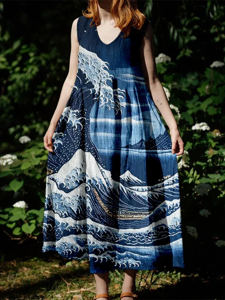Japanese Wave And Mountain Sashiko Art Linen Maxi Dress