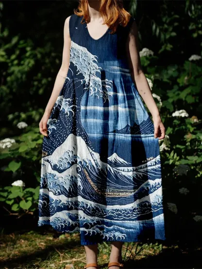 Japanese Wave And Mountain Sashiko Art Linen Maxi Dress