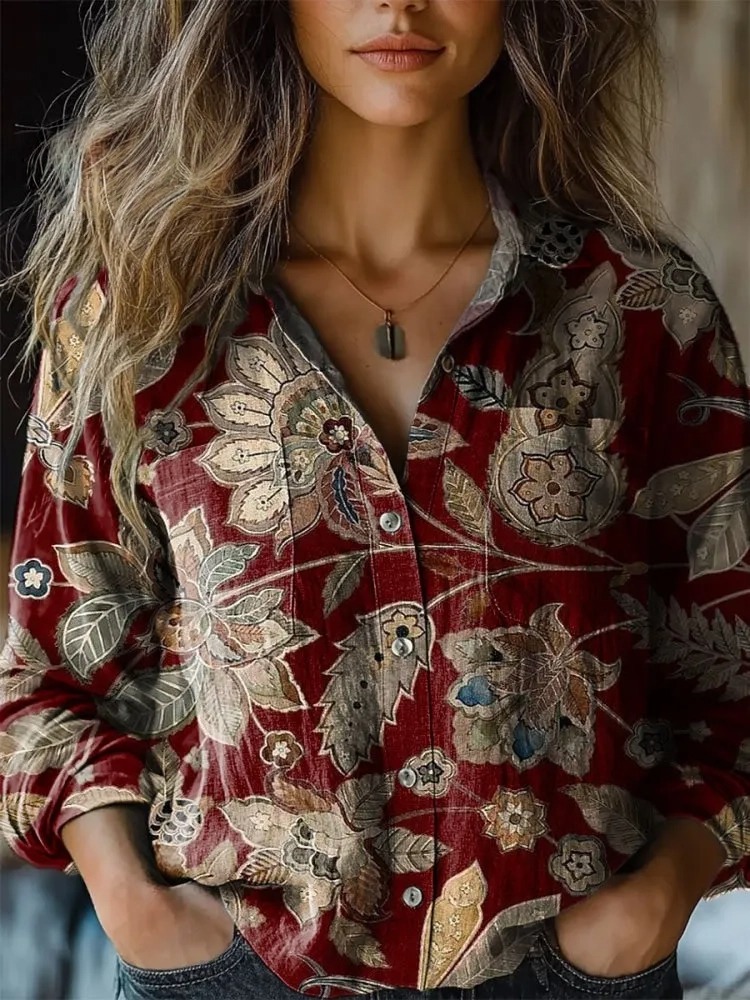 Women's Vintage Flower Art Print Casual Long Sleeve Comfortable Cotton Shirt