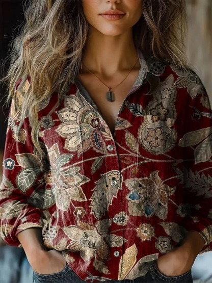 Women's Vintage Flower Art Print Casual Long Sleeve Comfortable Cotton Shirt